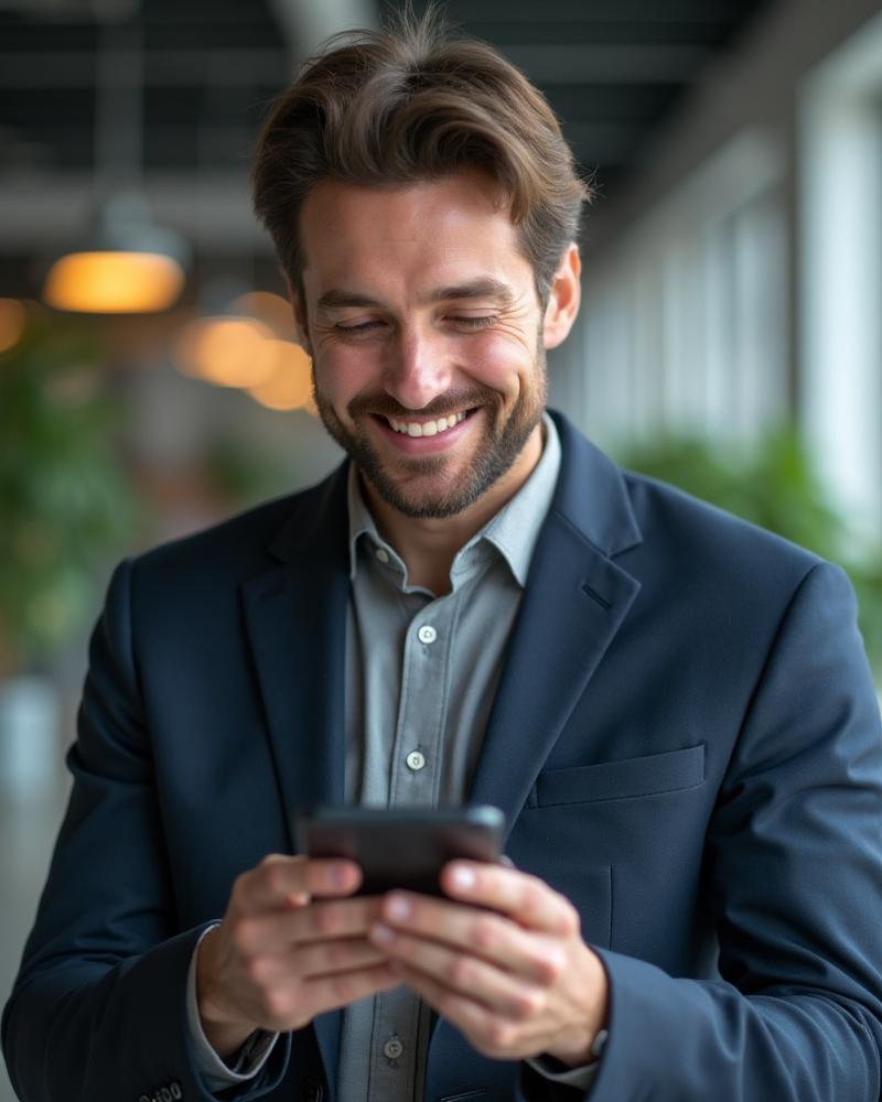 Deutsche Person lächelnd mit Smartphone